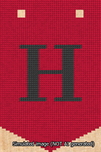 A simulated image of the stitched needlepoint design: Banner 13m Pointed H Black on Red. Not A.I. generated.