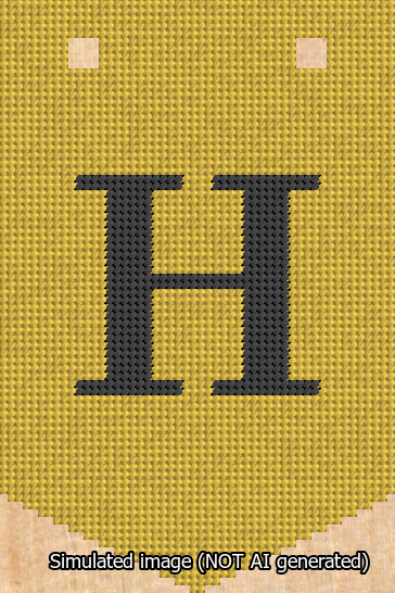 A simulated image of the stitched needlepoint design: Banner 13m Pointed H Black on Yellow. Not A.I. generated.