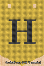 A simulated image of the stitched needlepoint design: Banner 13m Pointed H Black on Yellow. Not A.I. generated.