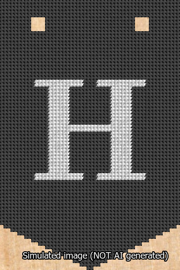 A simulated image of the stitched needlepoint design: Banner 13m Pointed H White on Black. Not A.I. generated.