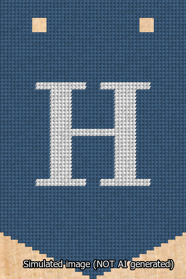 A simulated image of the stitched needlepoint design: Banner 13m Pointed H White on Blue. Not A.I. generated.