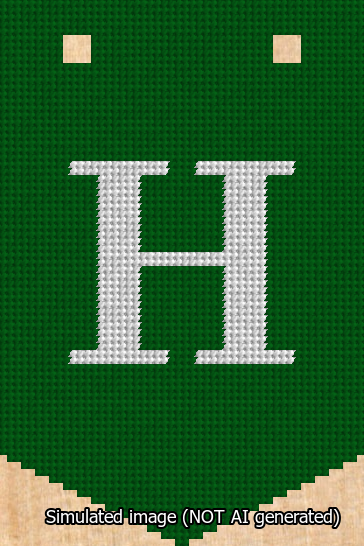 A simulated image of the stitched needlepoint design: Banner 13m Pointed H White on Green. Not A.I. generated.
