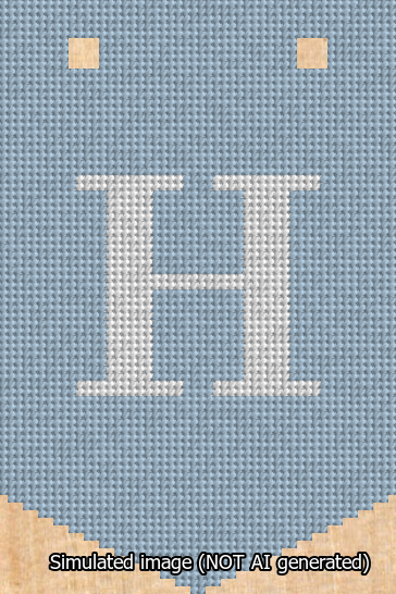 A simulated image of the stitched needlepoint design: Banner 13m Pointed H White on Light Blue. Not A.I. generated.