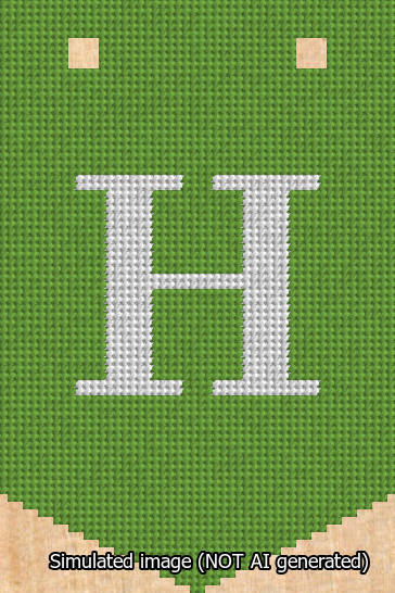 A simulated image of the stitched needlepoint design: Banner 13m Pointed H White on Light Green. Not A.I. generated.
