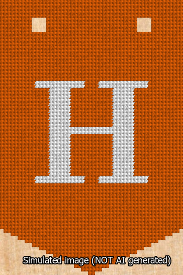 A simulated image of the stitched needlepoint design: Banner 13m Pointed H White on Orange. Not A.I. generated.