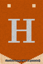 A simulated image of the stitched needlepoint design: Banner 13m Pointed H White on Orange. Not A.I. generated.
