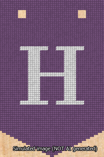 A simulated image of the stitched needlepoint design: Banner 13m Pointed H White on Purple. Not A.I. generated.