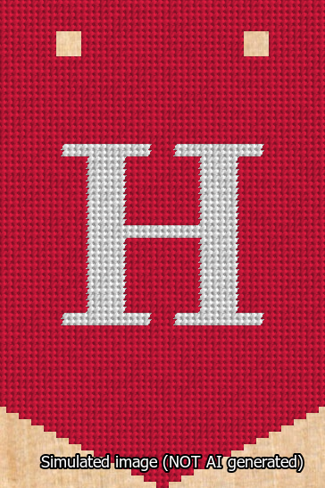 A simulated image of the stitched needlepoint design: Banner 13m Pointed H White on Red. Not A.I. generated.