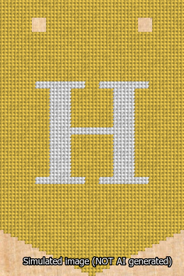 A simulated image of the stitched needlepoint design: Banner 13m Pointed H White on Yellow. Not A.I. generated.