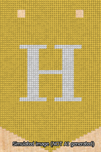 A simulated image of the stitched needlepoint design: Banner 13m Pointed H White on Yellow. Not A.I. generated.