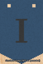 A simulated image of the stitched needlepoint design: Banner 13m Pointed I Black on Blue. Not A.I. generated.