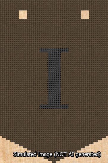A simulated image of the stitched needlepoint design: Banner 13m Pointed I Black on Brown. Not A.I. generated.