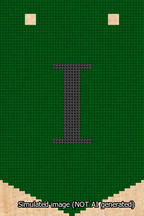 A simulated image of the stitched needlepoint design: Banner 13m Pointed I Black on Green. Not A.I. generated.