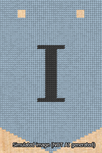 A simulated image of the stitched needlepoint design: Banner 13m Pointed I Black on Light Blue. Not A.I. generated.