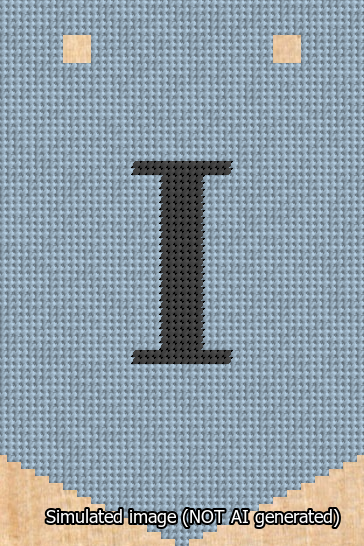 A simulated image of the stitched needlepoint design: Banner 13m Pointed I Black on Light Blue. Not A.I. generated.