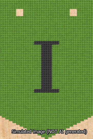 A simulated image of the stitched needlepoint design: Banner 13m Pointed I Black on Light Green. Not A.I. generated.