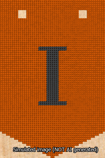 A simulated image of the stitched needlepoint design: Banner 13m Pointed I Black on Orange. Not A.I. generated.