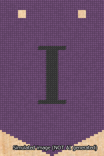 A simulated image of the stitched needlepoint design: Banner 13m Pointed I Black on Purple. Not A.I. generated.