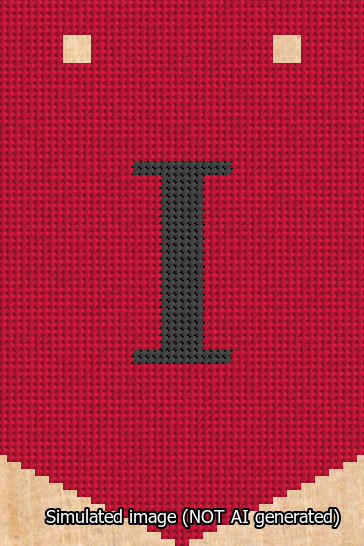 A simulated image of the stitched needlepoint design: Banner 13m Pointed I Black on Red. Not A.I. generated.