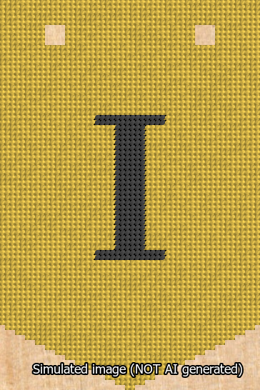 A simulated image of the stitched needlepoint design: Banner 13m Pointed I Black on Yellow. Not A.I. generated.