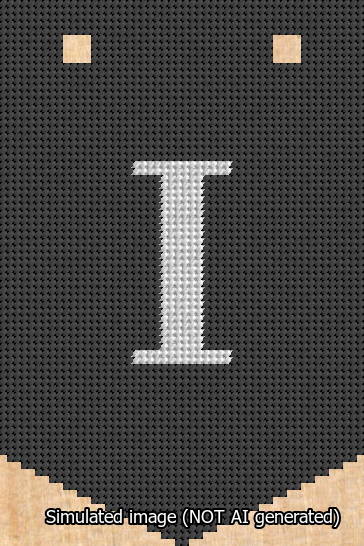 A simulated image of the stitched needlepoint design: Banner 13m Pointed I White on Black. Not A.I. generated.