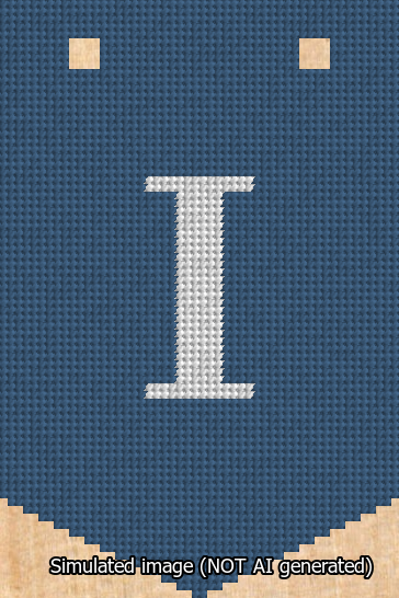 A simulated image of the stitched needlepoint design: Banner 13m Pointed I White on Blue. Not A.I. generated.