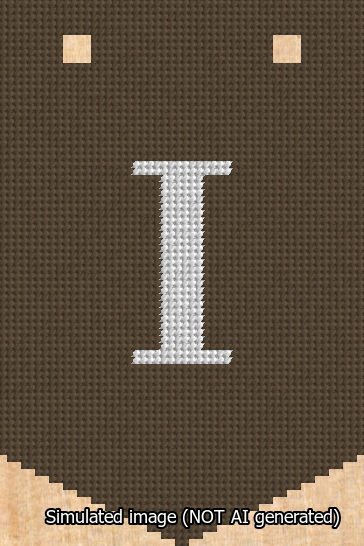 A simulated image of the stitched needlepoint design: Banner 13m Pointed I White on Brown. Not A.I. generated.