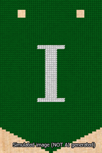 A simulated image of the stitched needlepoint design: Banner 13m Pointed I White on Green. Not A.I. generated.