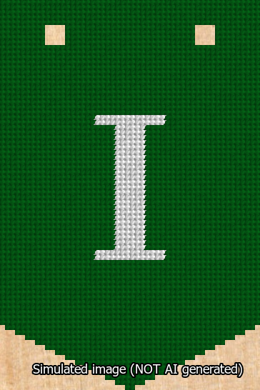 A simulated image of the stitched needlepoint design: Banner 13m Pointed I White on Green. Not A.I. generated.