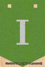 A simulated image of the stitched needlepoint design: Banner 13m Pointed I White on Light Green. Not A.I. generated.