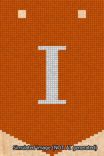 A simulated image of the stitched needlepoint design: Banner 13m Pointed I White on Orange. Not A.I. generated.