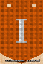 A simulated image of the stitched needlepoint design: Banner 13m Pointed I White on Orange. Not A.I. generated.