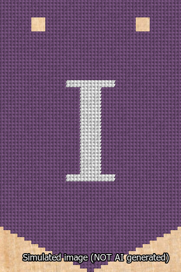A simulated image of the stitched needlepoint design: Banner 13m Pointed I White on Purple. Not A.I. generated.