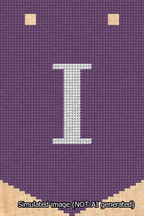 A simulated image of the stitched needlepoint design: Banner 13m Pointed I White on Purple. Not A.I. generated.