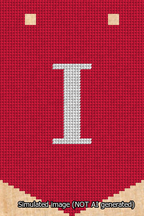 A simulated image of the stitched needlepoint design: Banner 13m Pointed I White on Red. Not A.I. generated.