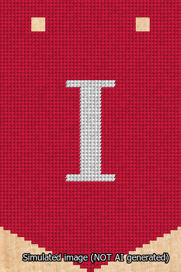 A simulated image of the stitched needlepoint design: Banner 13m Pointed I White on Red. Not A.I. generated.