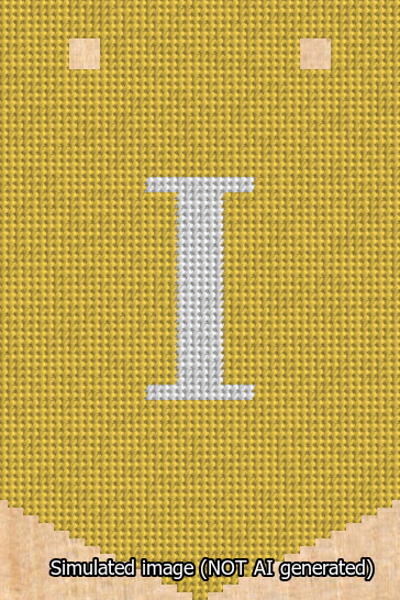 A simulated image of the stitched needlepoint design: Banner 13m Pointed I White on Yellow. Not A.I. generated.
