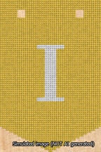 A simulated image of the stitched needlepoint design: Banner 13m Pointed I White on Yellow. Not A.I. generated.