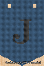 A simulated image of the stitched needlepoint design: Banner 13m Pointed J Black on Blue. Not A.I. generated.