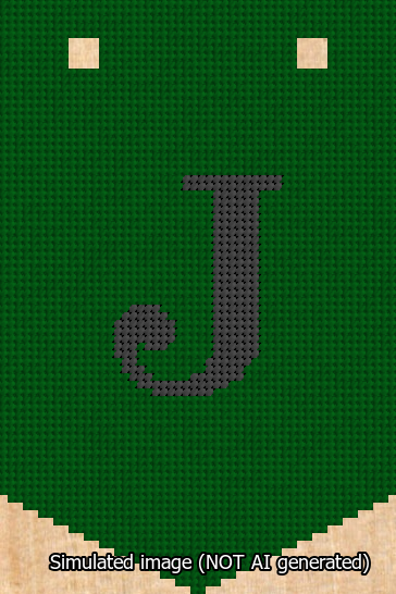 A simulated image of the stitched needlepoint design: Banner 13m Pointed J Black on Green. Not A.I. generated.