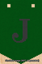 A simulated image of the stitched needlepoint design: Banner 13m Pointed J Black on Green. Not A.I. generated.
