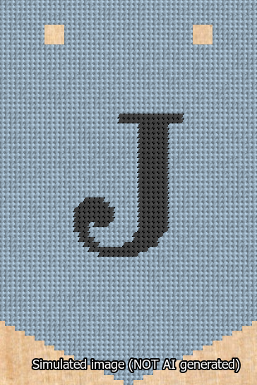 A simulated image of the stitched needlepoint design: Banner 13m Pointed J Black on Light Blue. Not A.I. generated.