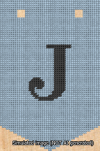 A simulated image of the stitched needlepoint design: Banner 13m Pointed J Black on Light Blue. Not A.I. generated.