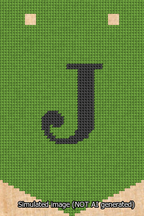 A simulated image of the stitched needlepoint design: Banner 13m Pointed J Black on Light Green. Not A.I. generated.