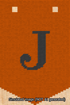 A simulated image of the stitched needlepoint design: Banner 13m Pointed J Black on Orange. Not A.I. generated.