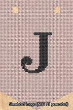 A simulated image of the stitched needlepoint design: Banner 13m Pointed J Black on Pink. Not A.I. generated.