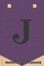 A simulated image of the stitched needlepoint design: Banner 13m Pointed J Black on Purple. Not A.I. generated.