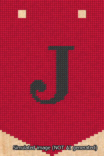 A simulated image of the stitched needlepoint design: Banner 13m Pointed J Black on Red. Not A.I. generated.