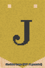 A simulated image of the stitched needlepoint design: Banner 13m Pointed J Black on Yellow. Not A.I. generated.
