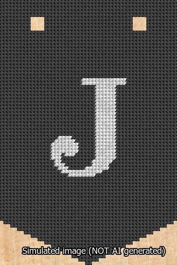 A simulated image of the stitched needlepoint design: Banner 13m Pointed J White on Black. Not A.I. generated.
